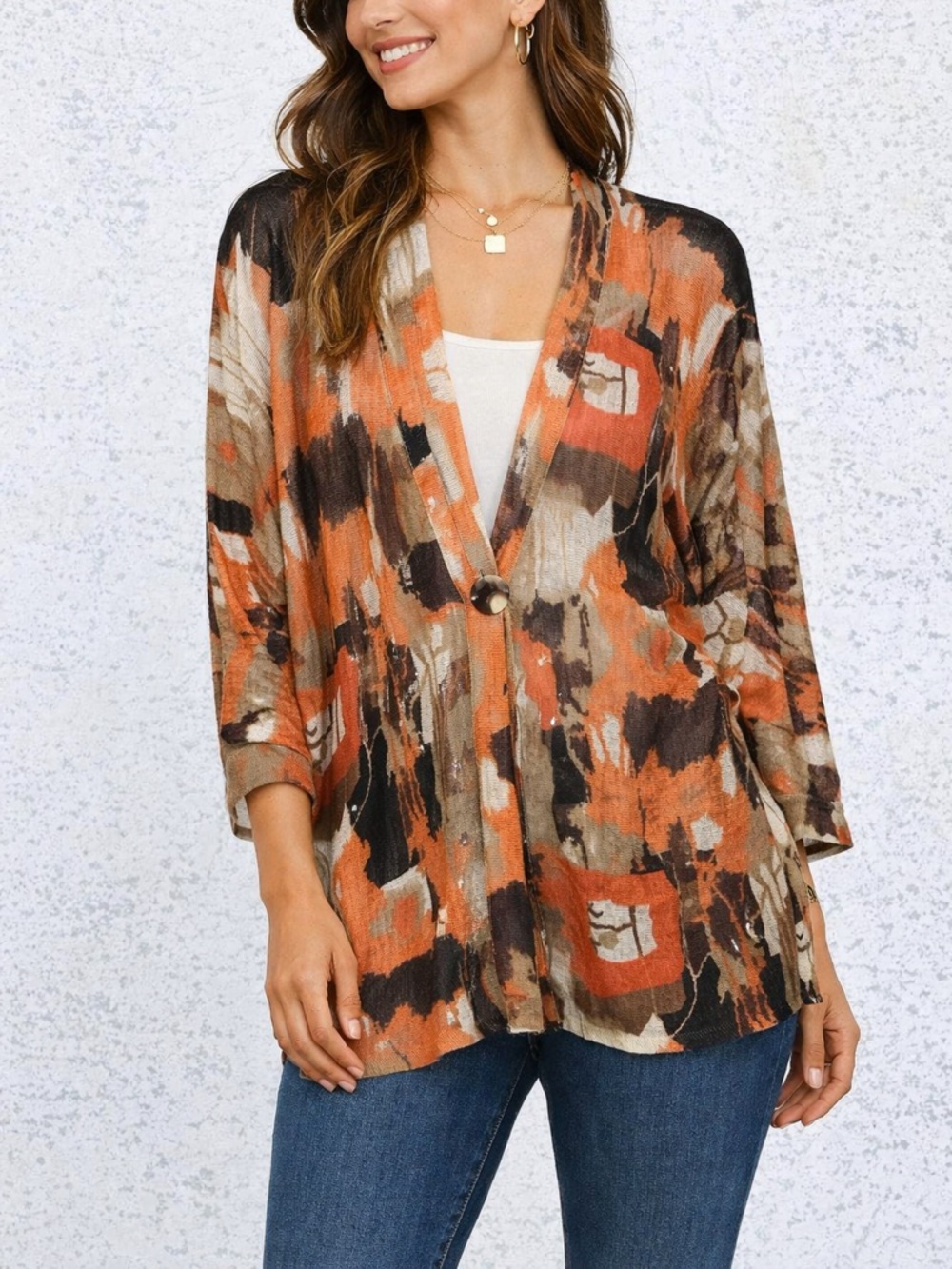 Zozo Abstract Print Linen Blend Cardigan Lightweight Open Front Size XL